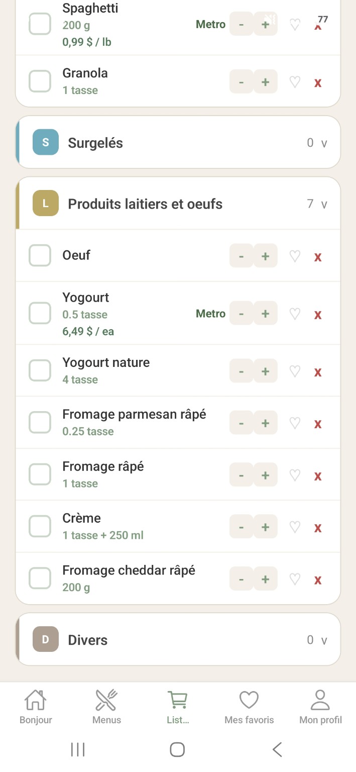 Liste d’épicerie organisée dans GroZenries